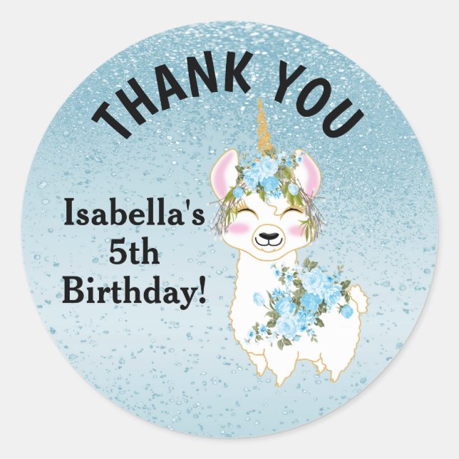Llama Unicorn - Blue - Thank You Classic Round Sticker (Front)