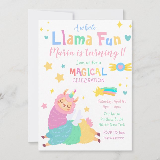 Llama Unicorn Llamacorn Kids Birthday Invitation (Front)