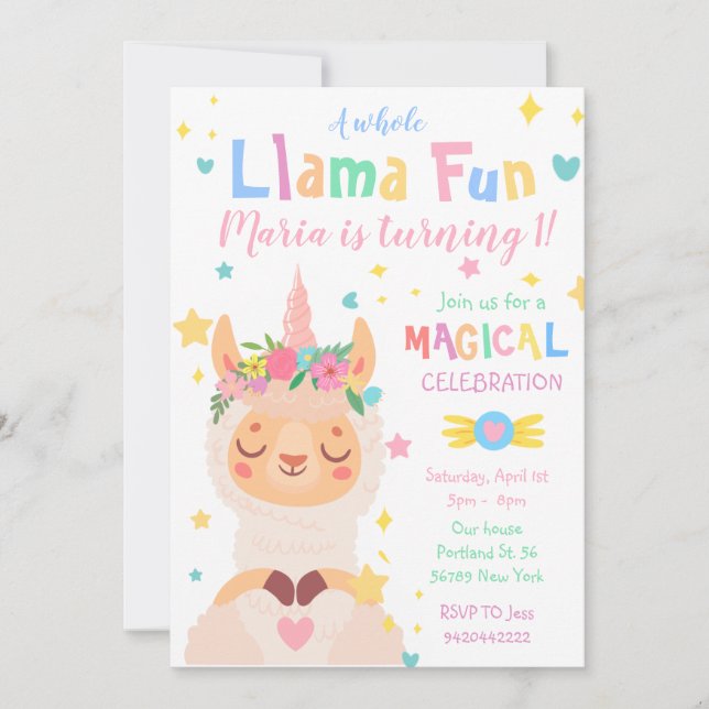 Llama Unicorn Magical Party Kids Birthday Invitation (Front)