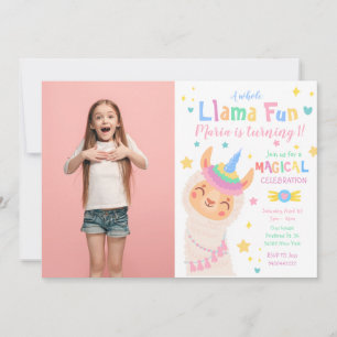Llama Unicorn Magical Photo Birthday Invitation