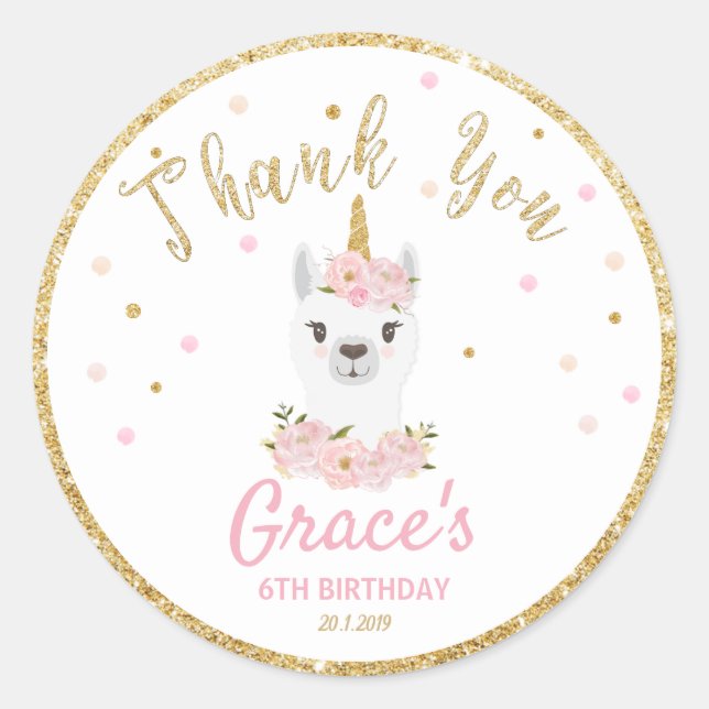 Llama Unicorn Thank You Sticker Labels Party Favou (Front)