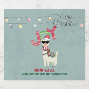 Llama wearing a Santa Hat and Sunglasses Joy Beer Bottle Label