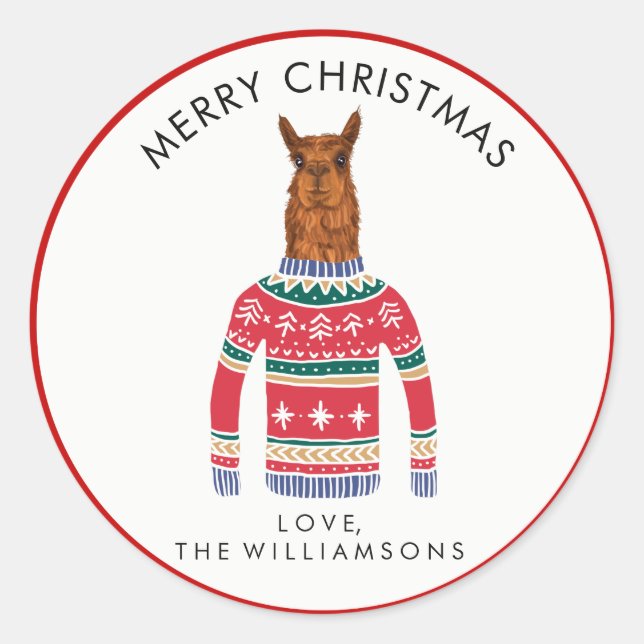 Llama Wearing Funny Ugly Christmas Nordic Sweater Classic Round Sticker (Front)