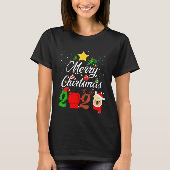 Llama Wearing Mask Quarantine Merry Christmas 2020 T-Shirt (Front)