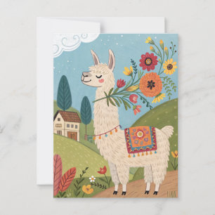 Llama with flowers folk art postcard