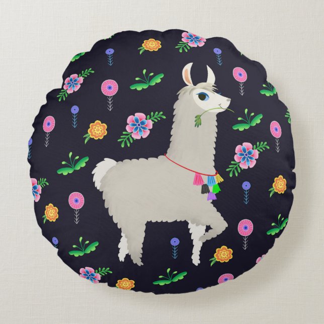 Llama with Flowers Round Pillow (Front)
