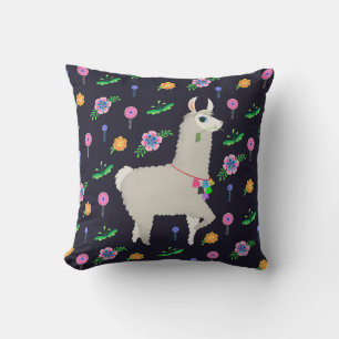 Llama with Flowers Throw Pillow