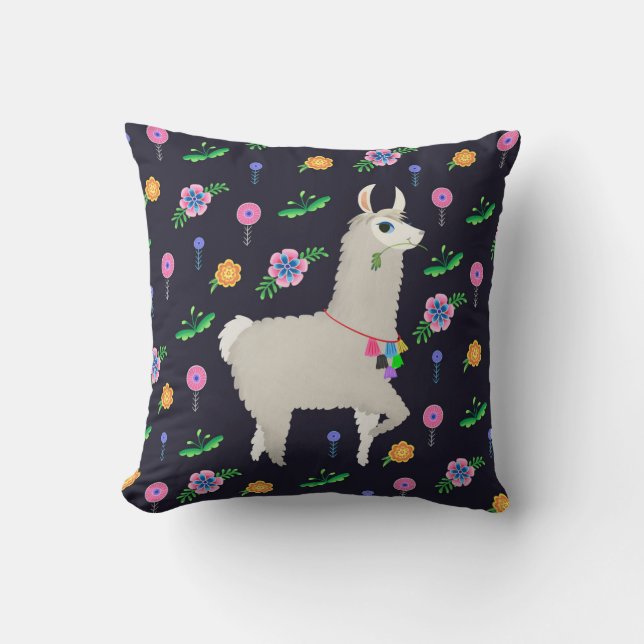 Llama with Flowers Throw Pillow (Front)