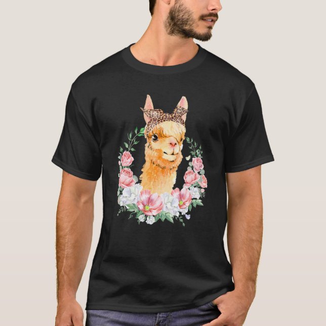 Llama With Leopard Headband Boho Flower Cute Llama T-Shirt (Front)