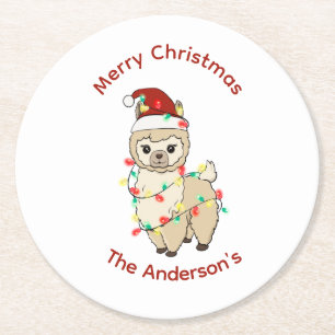 Llama with Lights Merry Christmas Happy Holidays Round Paper Coaster