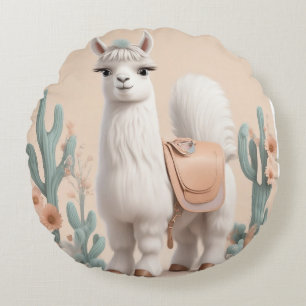 Llama with Saddle in the Desert Round Pillow