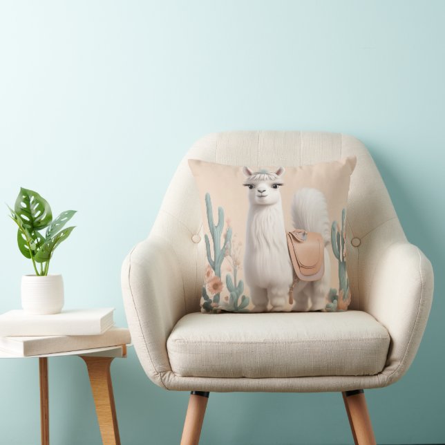 Llama with Saddle in the Desert Throw Pillow (Chair)