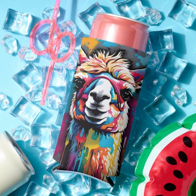 Llama with splatters seltzer can cooler (In Situ Summer)