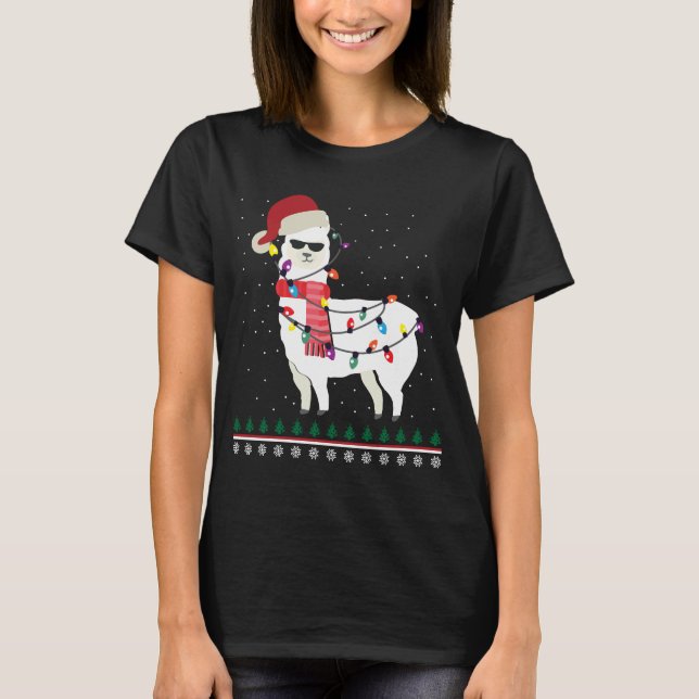 Llama with Sun glass and Santa Hat Christmas T-Shirt (Front)