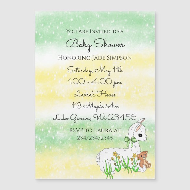 Llama with Teddy Bear Gender Neutral Baby Shower Magnetic Invitation (Front)