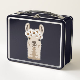 Llama with white Blossoms Metal Lunch Box
