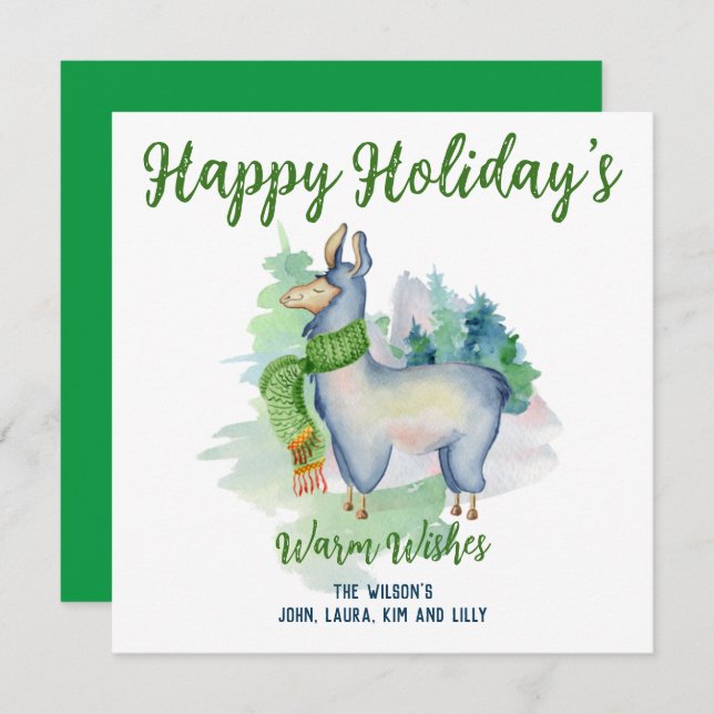 Llama Wreath Watercolor Happy Holidays Custom  Card (Front/Back)
