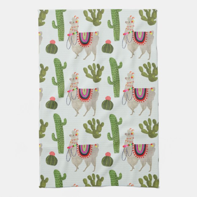 Llamarama Collection | Cactus & Llama Pattern Kitchen Towel (Vertical)
