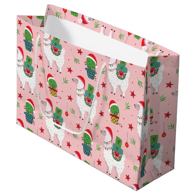 Llamas and Cacti Christmas Pattern Large Gift Bag (Front Angled)