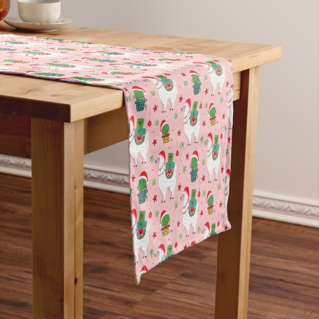 Llamas and Cacti Christmas Pattern Short Table Runner (In Situ)