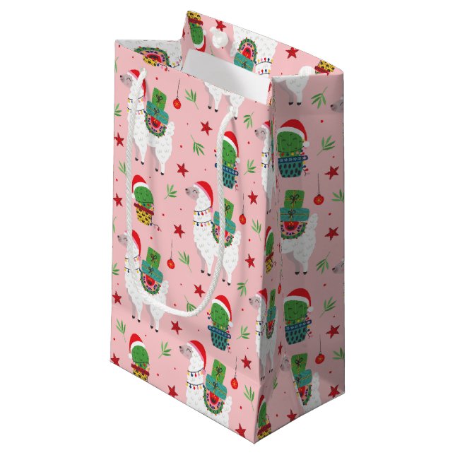 Llamas and Cacti Christmas Pattern Small Gift Bag (Front Angled)