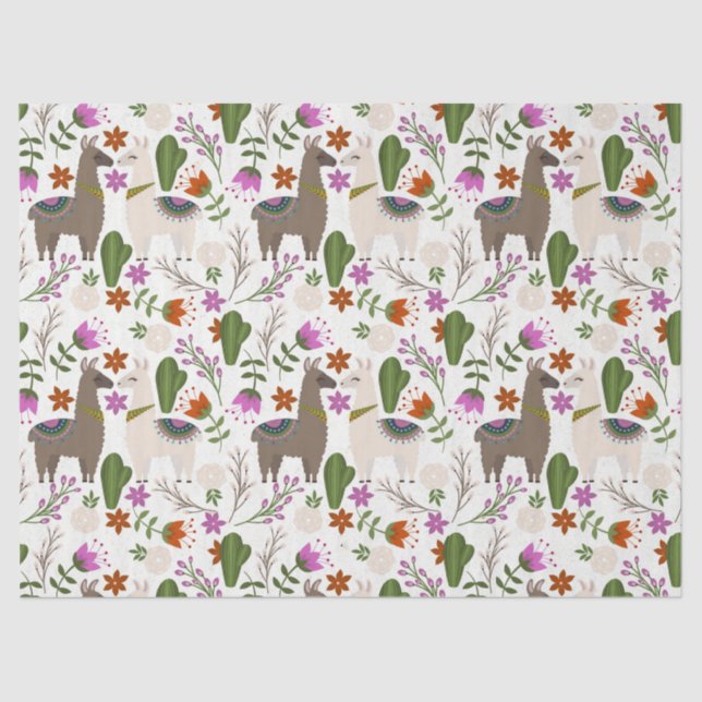 Llamas and Cactus on White Decoupage Tissue Paper (Front)