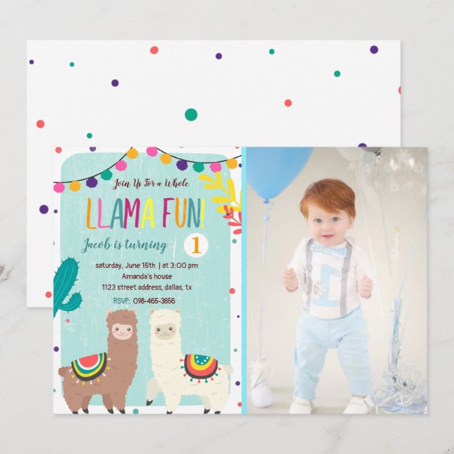 Llamas Blue Birthday Invitation avec photo (Devant / Derrière)