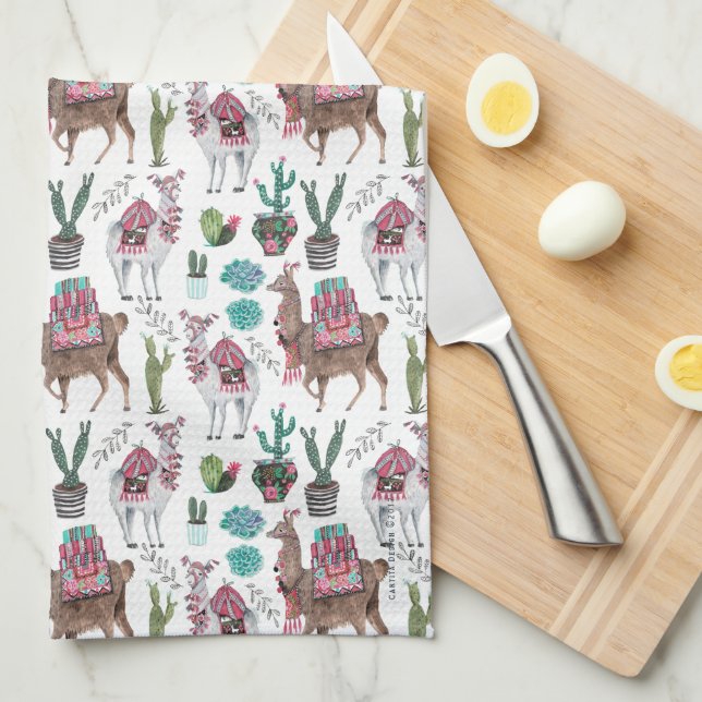 Llamas cactus Motif | Serviette de cuisine (Quart Plié)