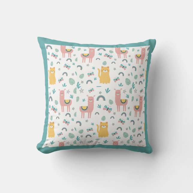 Llamas Cats Alapaca Green Animals Boho Throw Pillow (Front)
