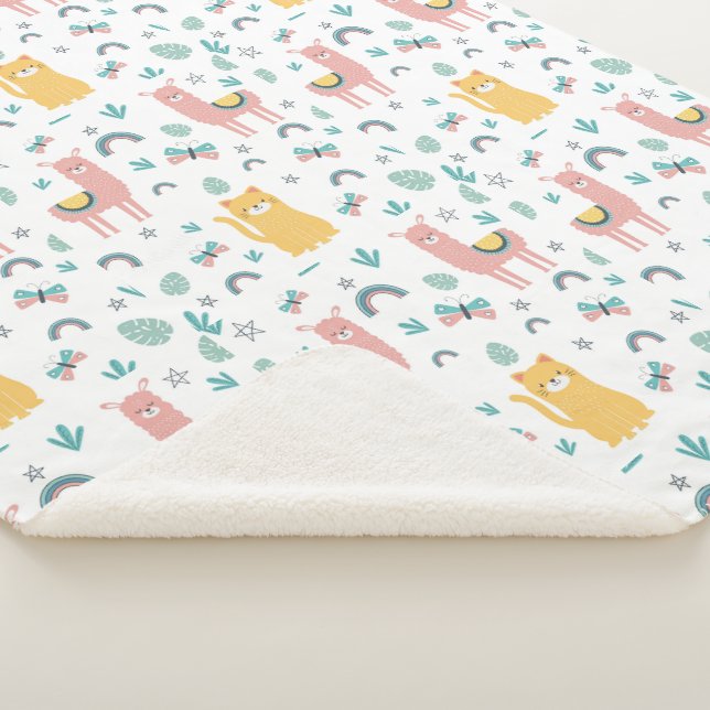 Llamas Cats Alapaca Pink Girly Animals Boho Sherpa Blanket (3/4)