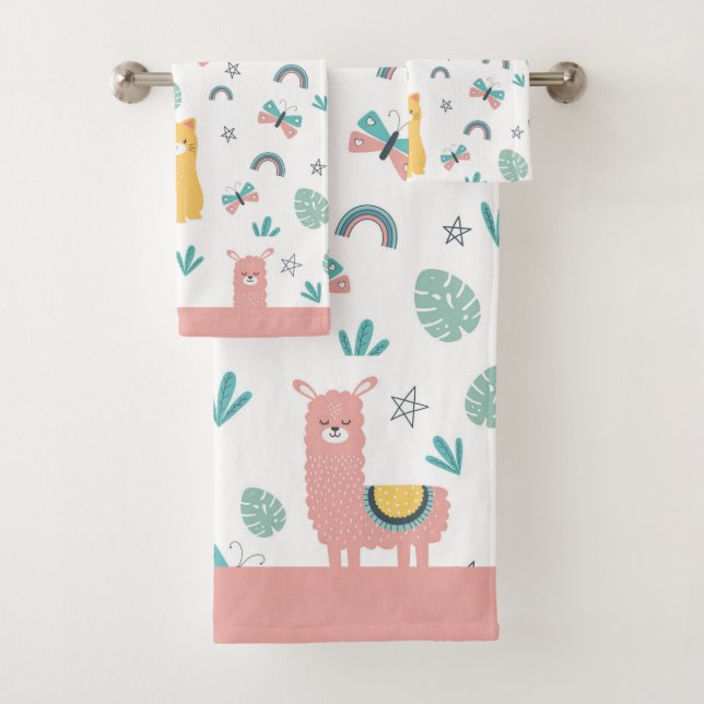 Llamas Cats Alapaca Pink Trim Animals Boho Girly Bath Towel Set (Insitu)