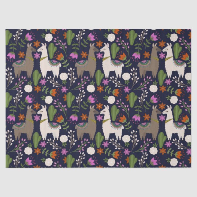 Llamas, Flowers and Cactus on Navy Decoupage Tissue Paper (Front)