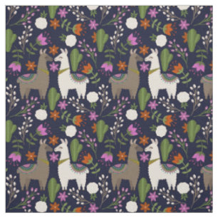 Llamas, Flowers and Cactus on Navy Fabric