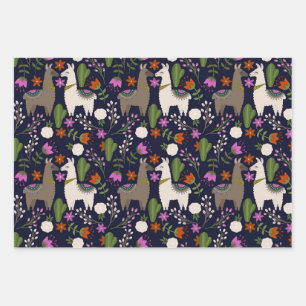 Llamas, Flowers and Cactus on Navy Wrapping Paper Sheet