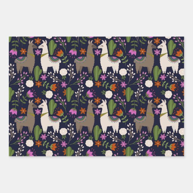 Llamas, Flowers and Cactus on Navy Wrapping Paper Sheet (Front)