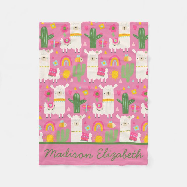 Llamas Green Cactus Cute Girly Pink Rainbows Fleece Blanket (Front)