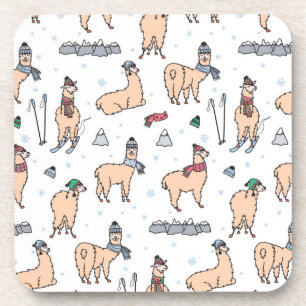Llamas In Hats & Scarves Skiing Pattern Coaster