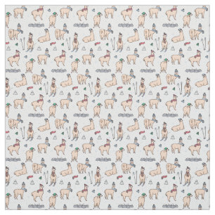 Llamas In Hats & Scarves Skiing Pattern Fabric