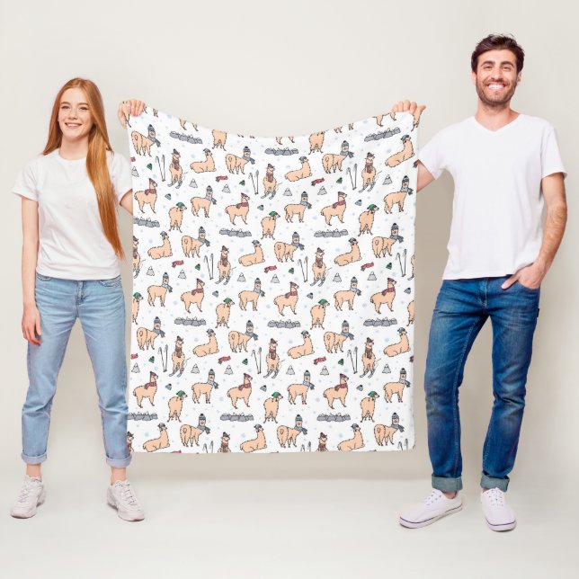 Llamas In Hats & Scarves Skiing Pattern Fleece Blanket (In Situ)
