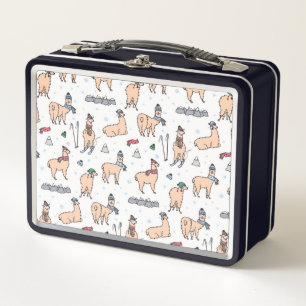 Llamas In Hats & Scarves Skiing Pattern Metal Lunch Box