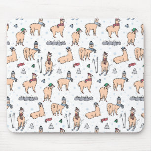 Llamas In Hats & Scarves Skiing Pattern Mouse Pad