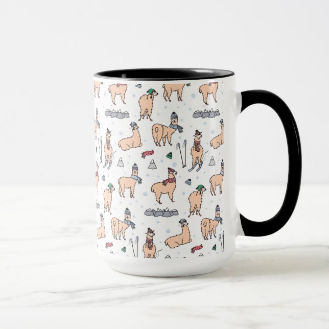 Llamas In Hats & Scarves Skiing Pattern Mug (Right)