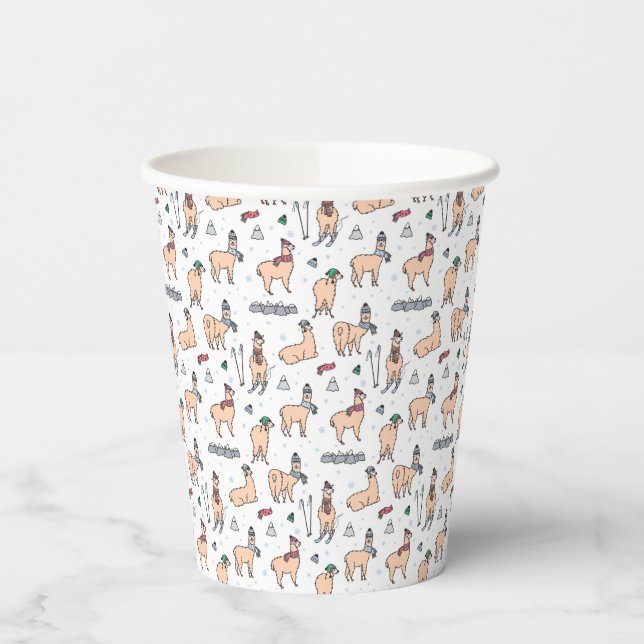 Llamas In Hats & Scarves Skiing Pattern Paper Cups (Left)