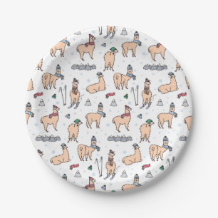 Llamas In Hats & Scarves Skiing Pattern Paper Plate