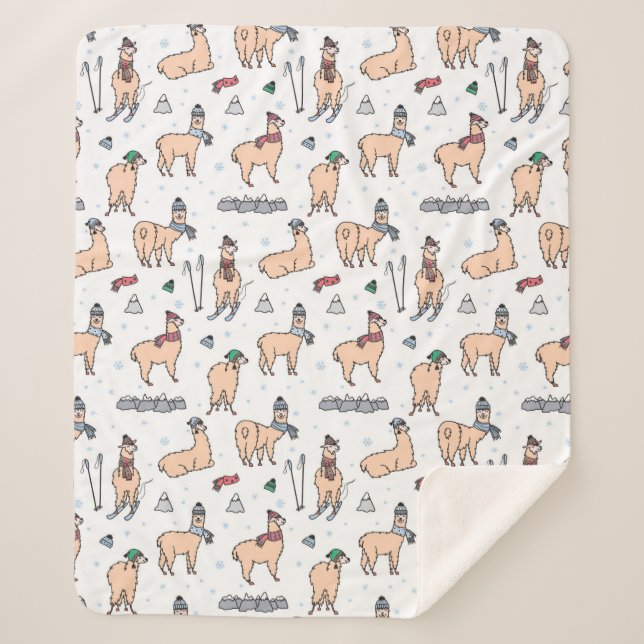 Llamas In Hats & Scarves Skiing Pattern Sherpa Blanket (Front)