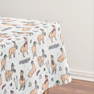 Llamas In Hats & Scarves Skiing Pattern Tablecloth