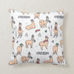 Llamas In Hats & Scarves Skiing Pattern Throw Pillow
