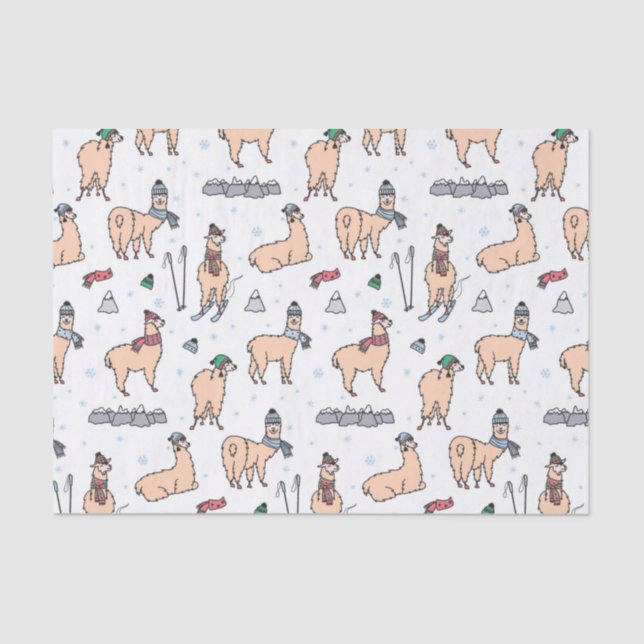 Llamas In Hats & Scarves Skiing Pattern Tissue Paper (Front)
