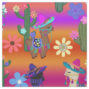 Llamas in Sombreros and Cacti Fabric