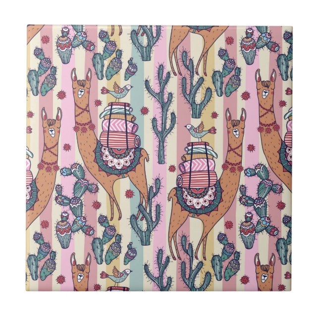 Llamas On Stripes Pattern Tile (Front)